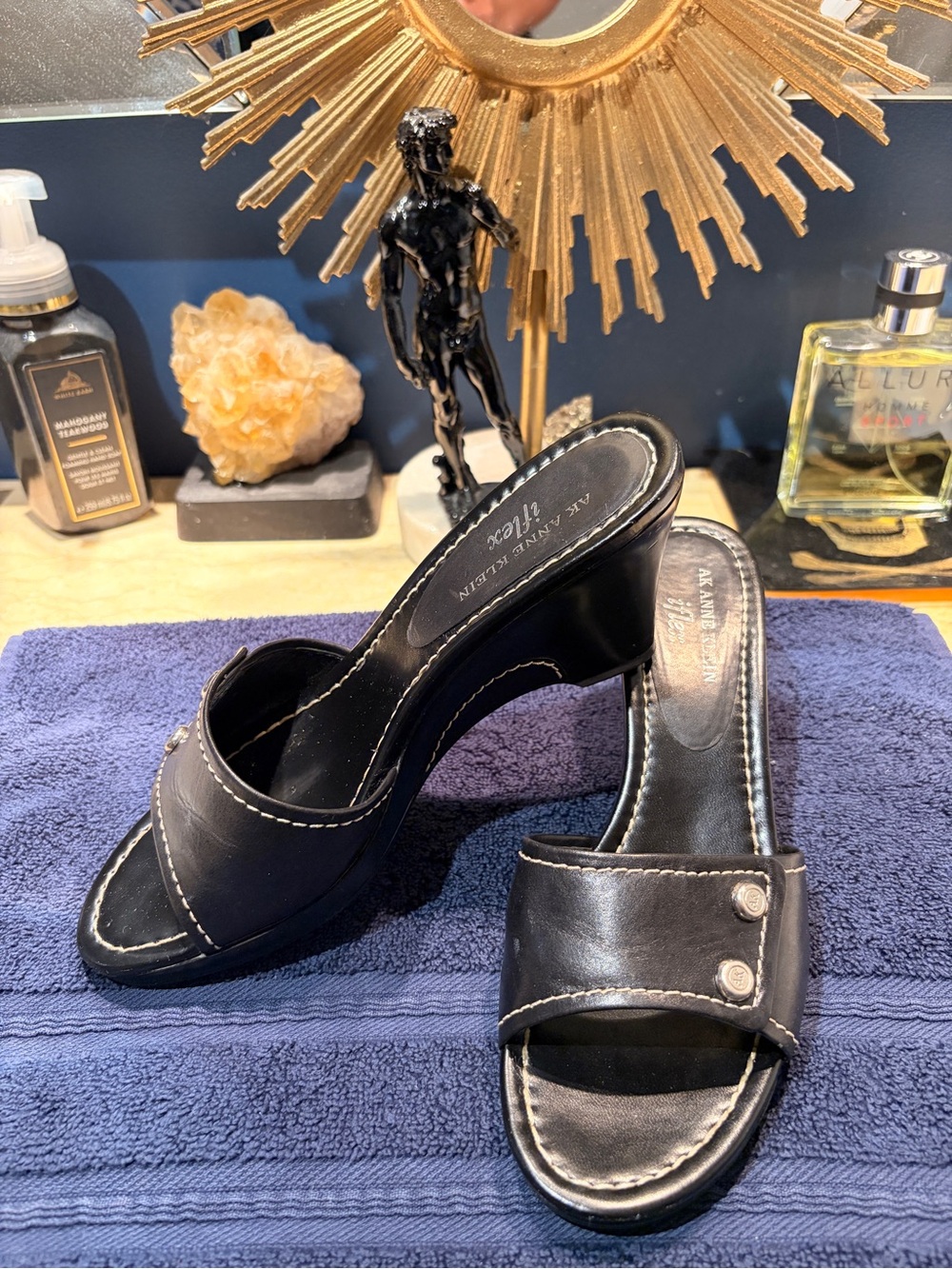 Anne Klein Black Open-Toe Slip-On Mules with Contrast Stitching